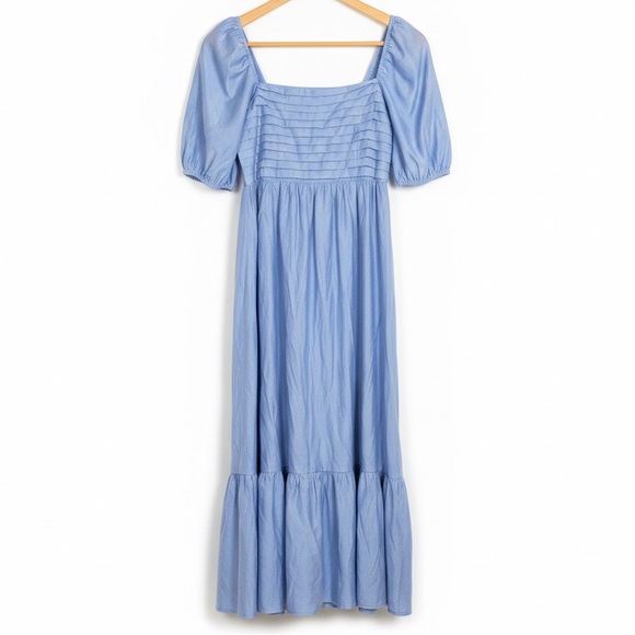 Blu Pepper NWOT Light Blue Puff Sleeve Dress Empire Waist Maxi Cottony Lined - Picture 3 of 7